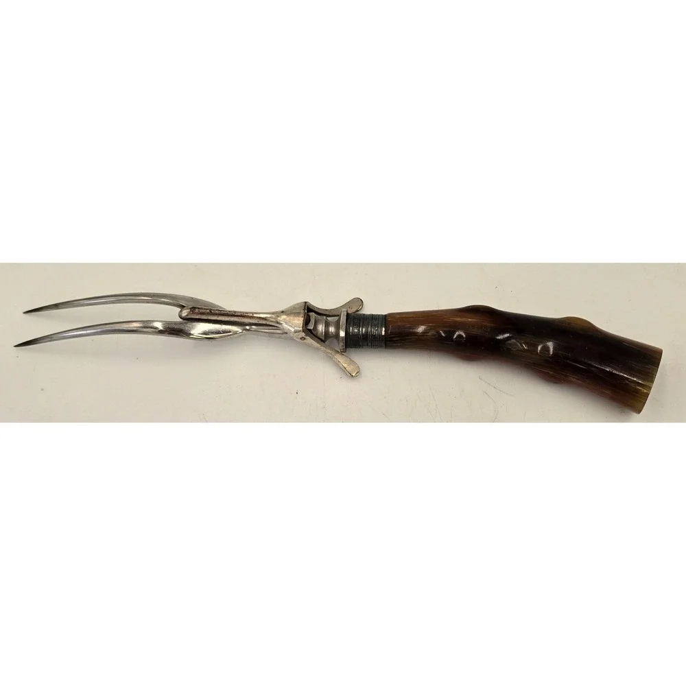 Vtg Landers Frary & Clark Meat Carving Fork Stag Antler Horn Handle Safety Guard
